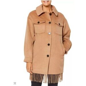 Sanctuary Womens Coat‎ Single Breasted Fringe Hem Wool Blend Camel/Tan Large NEW